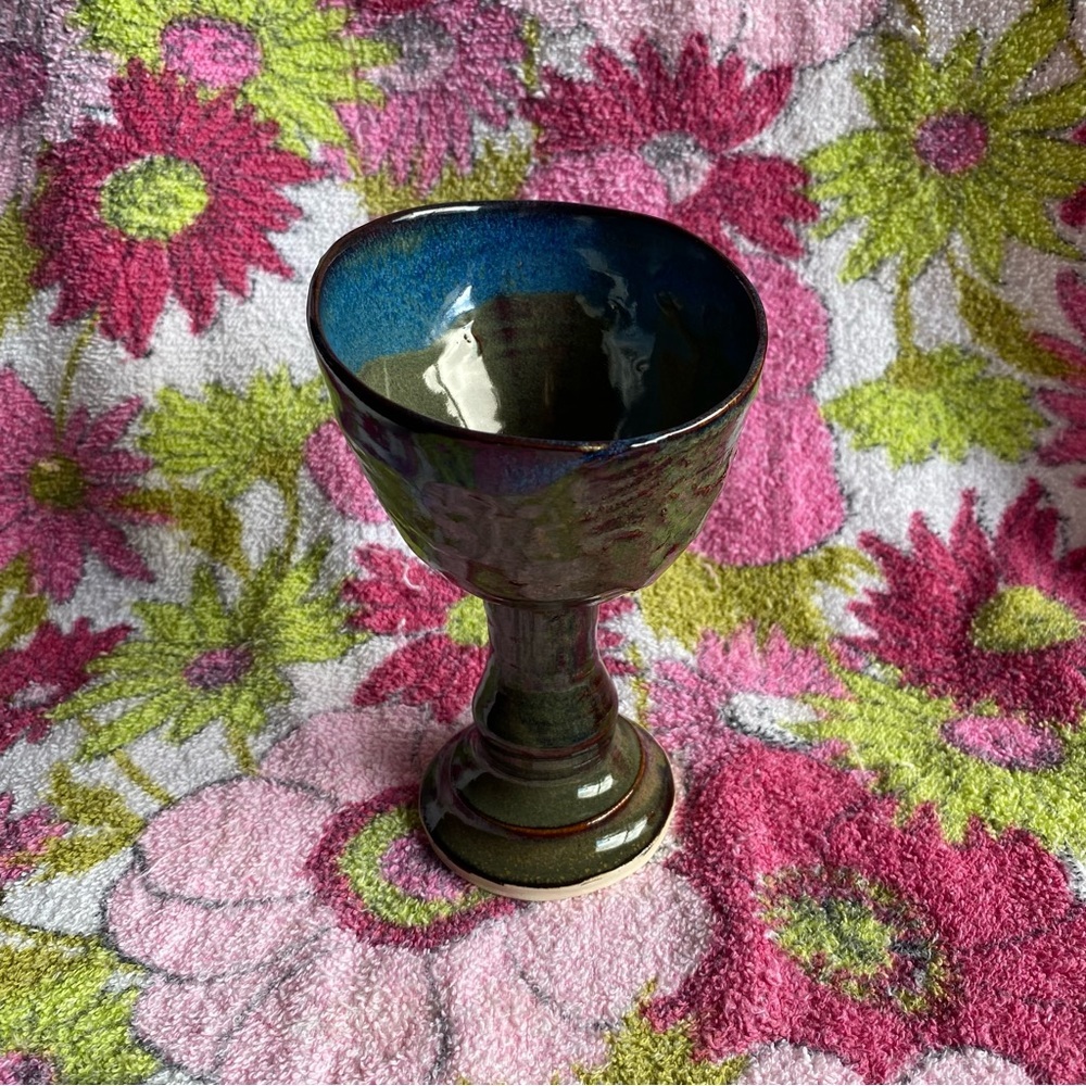 Vintage‎ Signed unique Pottery glazed wine goblet